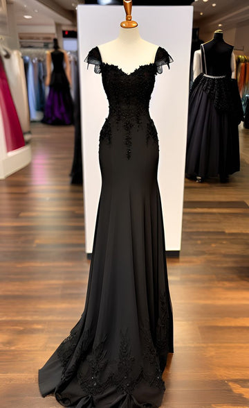 Mermaid Straps Chiffon Black Lace Evening Dress Prom Dresses SD1714 HZ0628